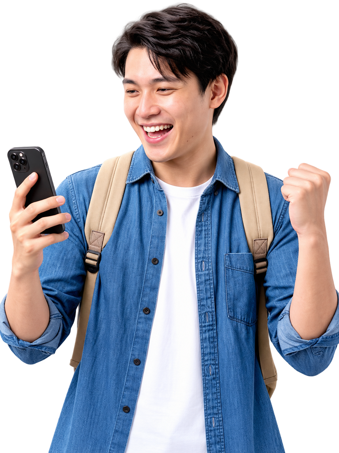 A smiling man holding a phone